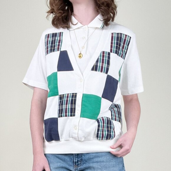 Vintage Preppy Plaid Check Golf Vest Blouse Shirt Polo Top Prep Sporty Old Money - Picture 6 of 11